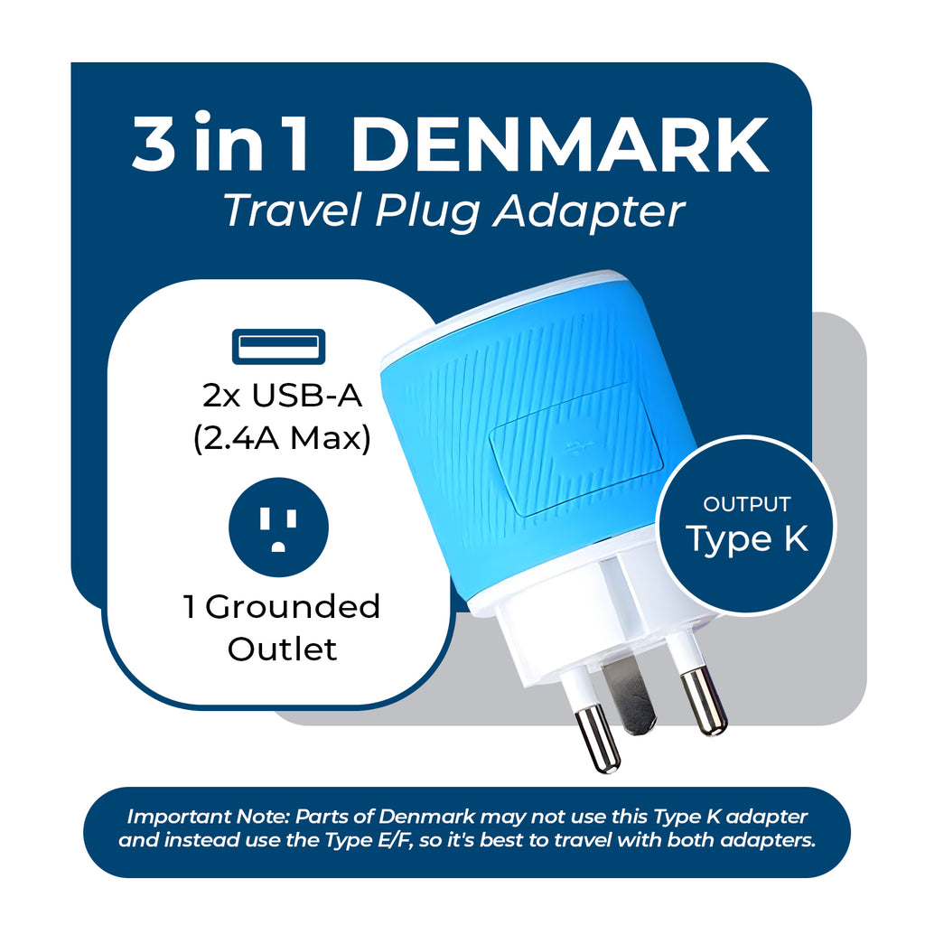 Denmark Travel Adapter - 3 in 1 - 2 USB - Type K - Compact Design (U2U-20)