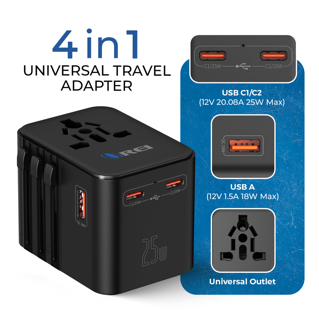 OREI 25W Universal Travel Adapter | 4-in-1 Fast Charger for 150+ Countries | USB-C & USB-A