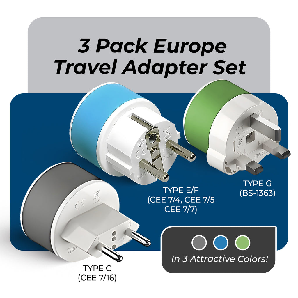 OREI 3 Pack European Travel Adapter Set-Safe, Grounded, Compact for Travel (US-EURO-SET)