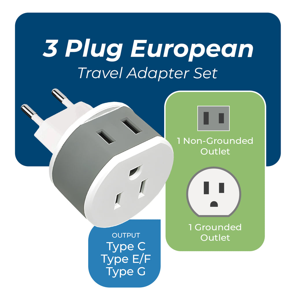 OREI 3 Pack European Travel Adapter Set-Safe, Grounded, Compact for Travel (US-EURO-SET)