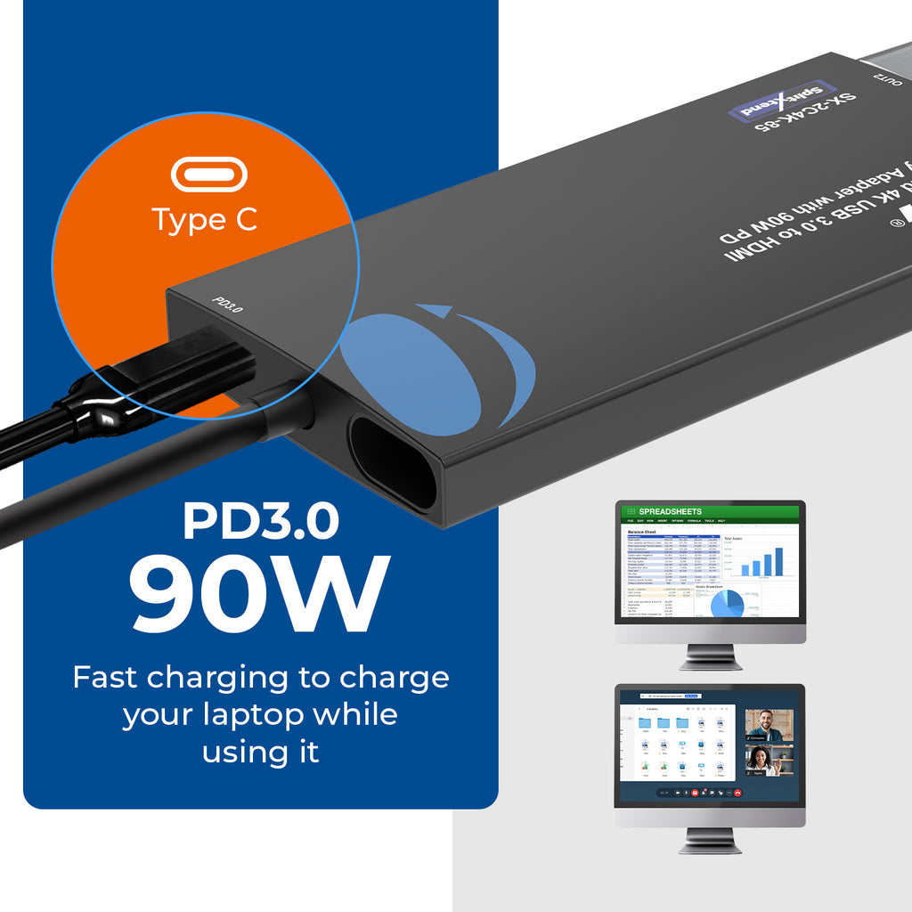 SplitXtend 4K USB 3.0 to HDMI Display Adapter with 90W PD (SX-2C4K-85)