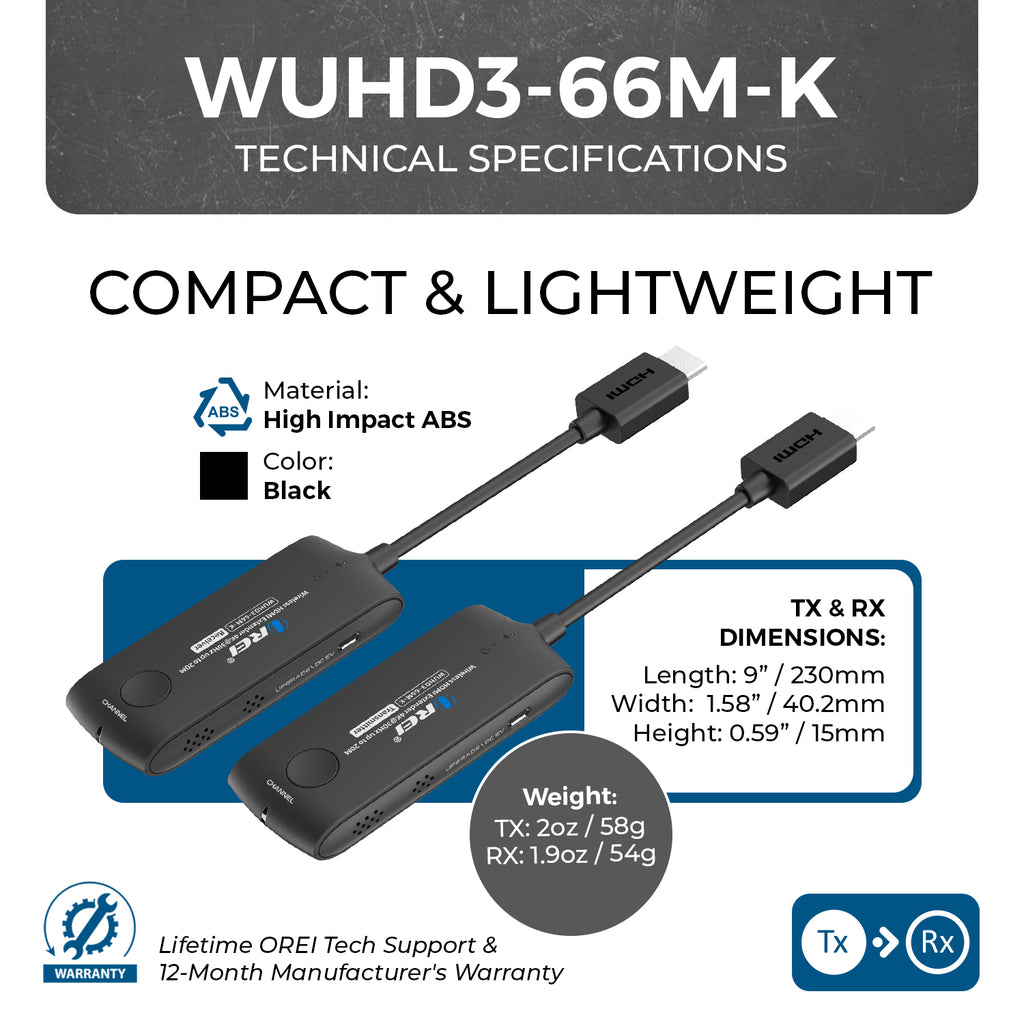 Wireless HDMI Extender Transmitter & Receiver Up to 4K@30Hz - Upto 60 Feet (WUHD3-66M-K)