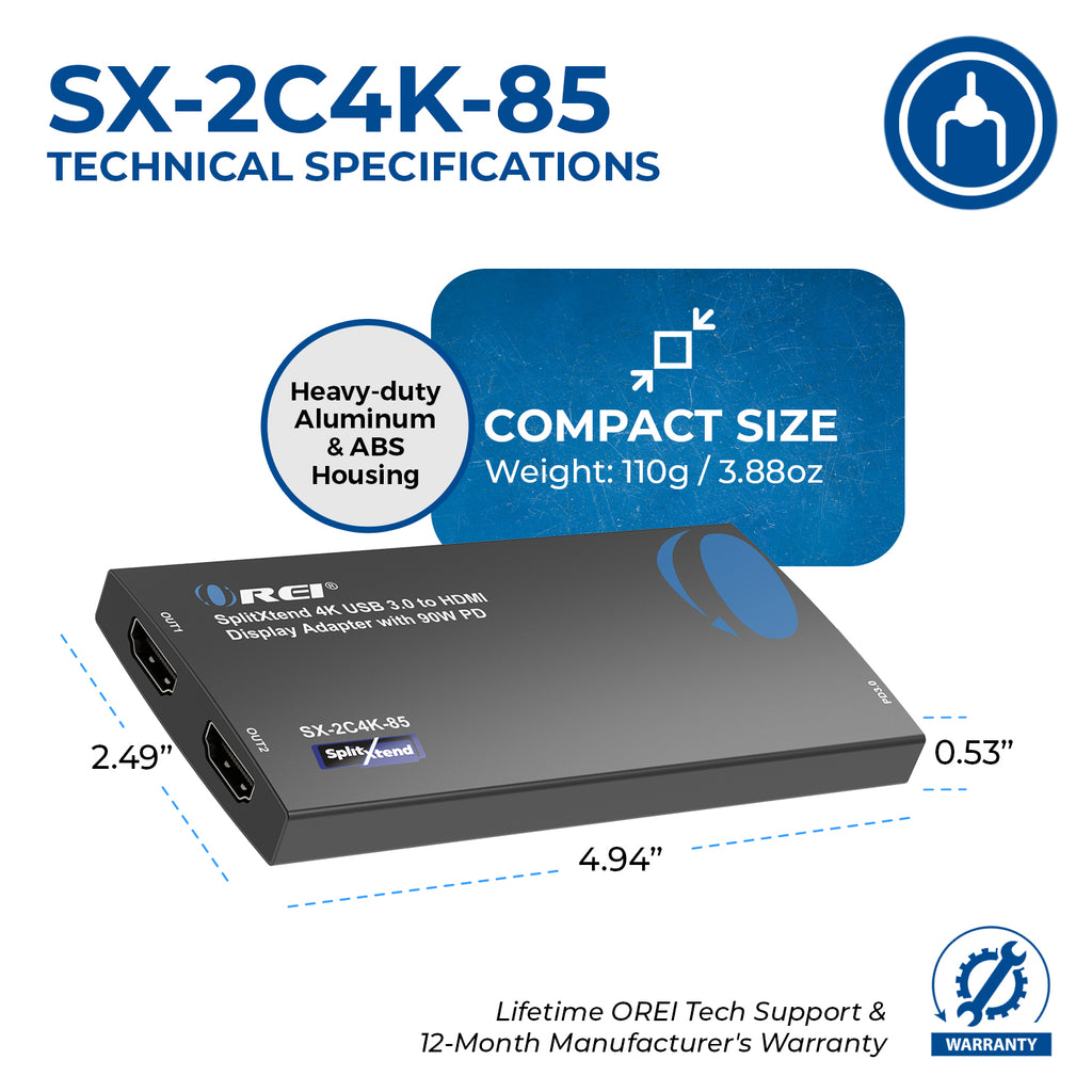 SplitXtend 4K USB 3.0 to HDMI Display Adapter with 90W PD (SX-2C4K-85)