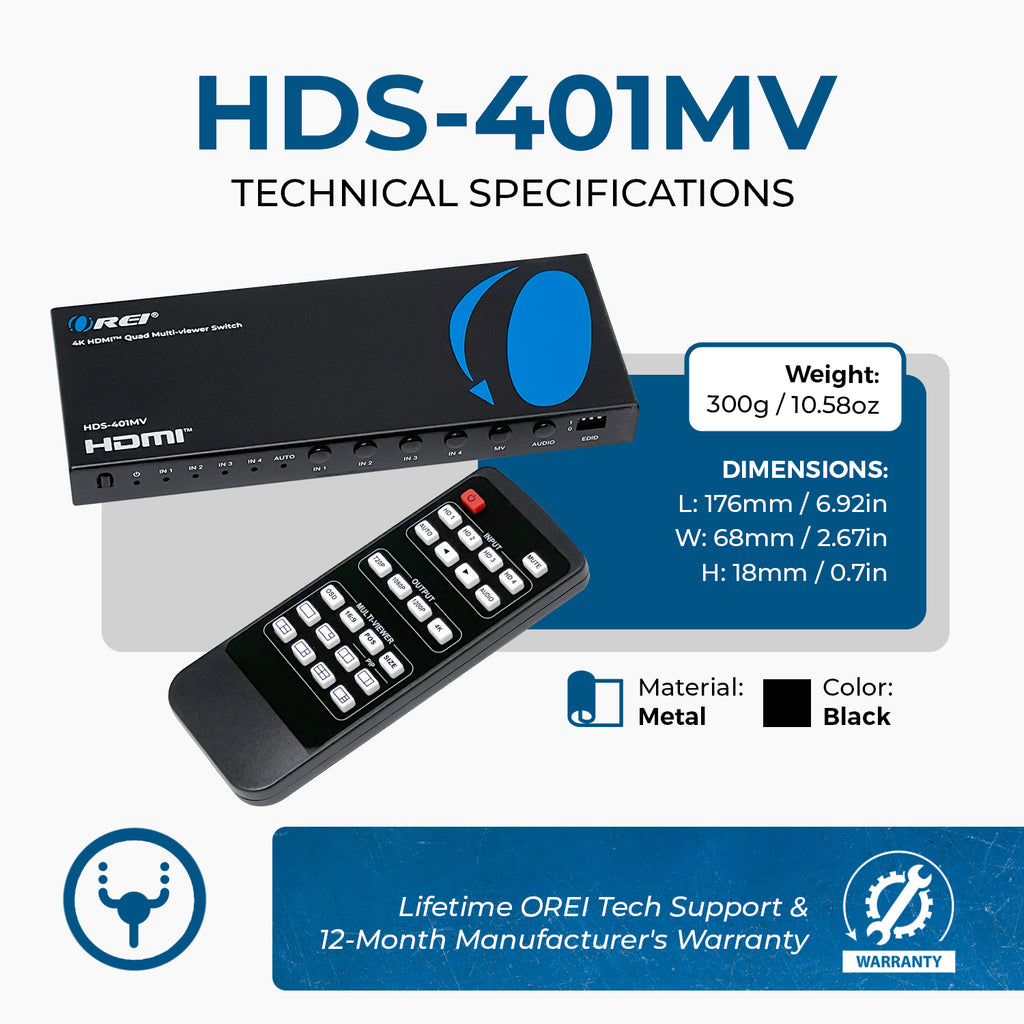 4K@30hz 4-port HDMI™ Seamless Switch w/ Multi Viewer (Audio Extract)-HDS-401MV