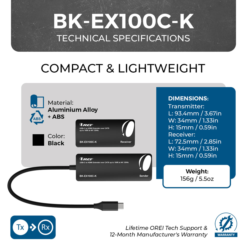 4K@120Hz USB-C to HDMI Extender Over CAT 6/7 Up To 100 Feet (BK-EX100C-K)