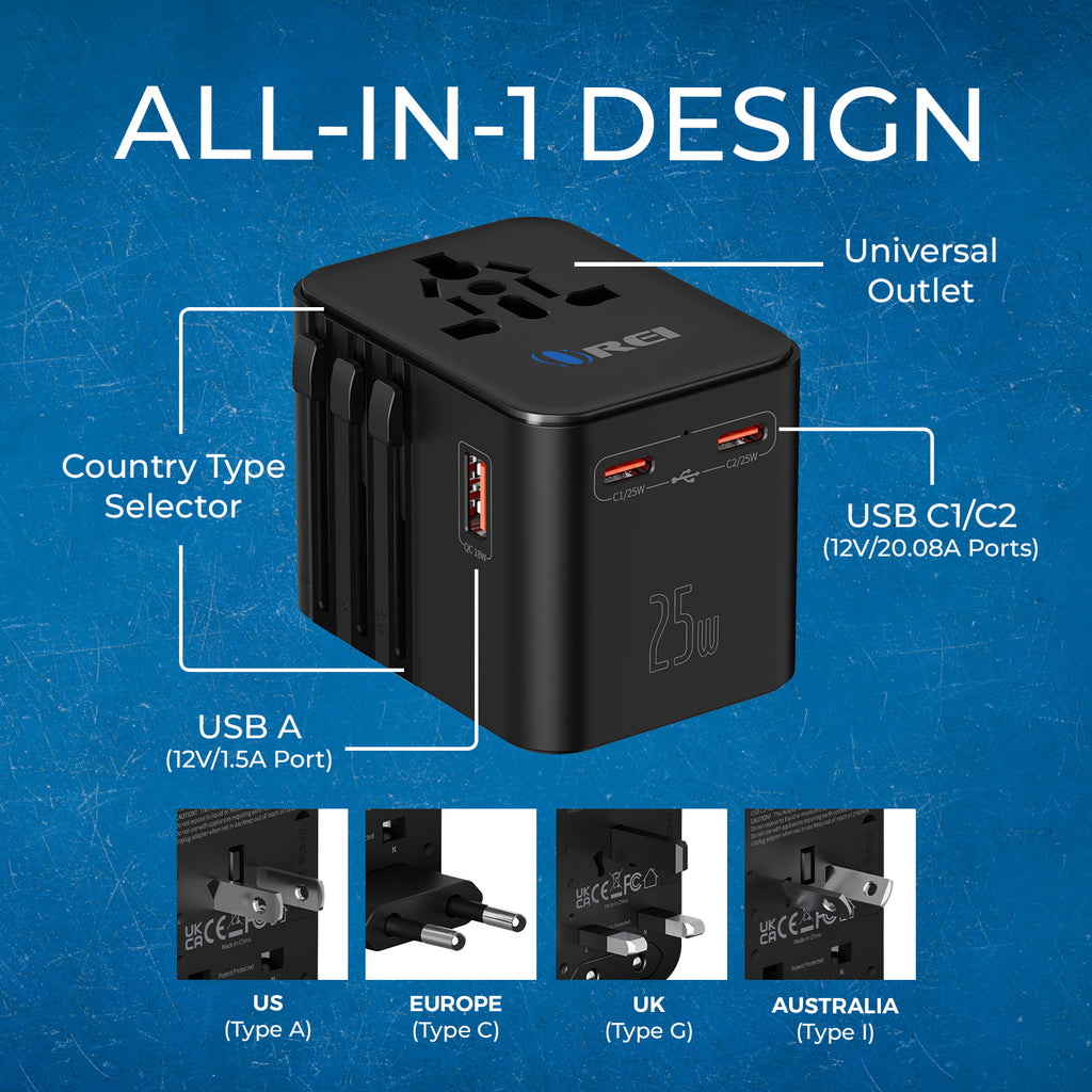 OREI 25W Universal Travel Adapter | 4-in-1 Fast Charger for 150+ Countries | USB-C & USB-A