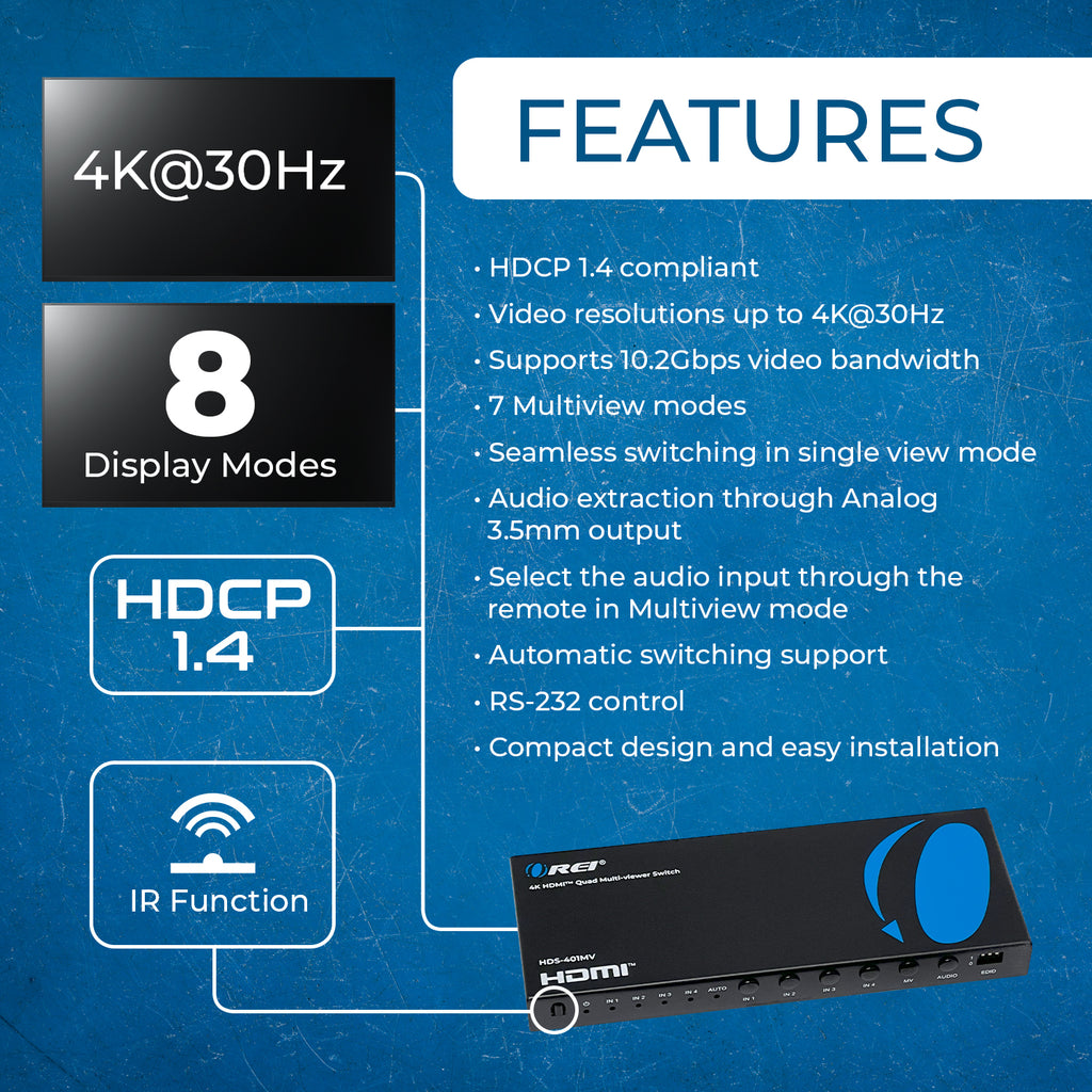 4K@30hz 4-port HDMI™ Seamless Switch w/ Multi Viewer (Audio Extract)-HDS-401MV