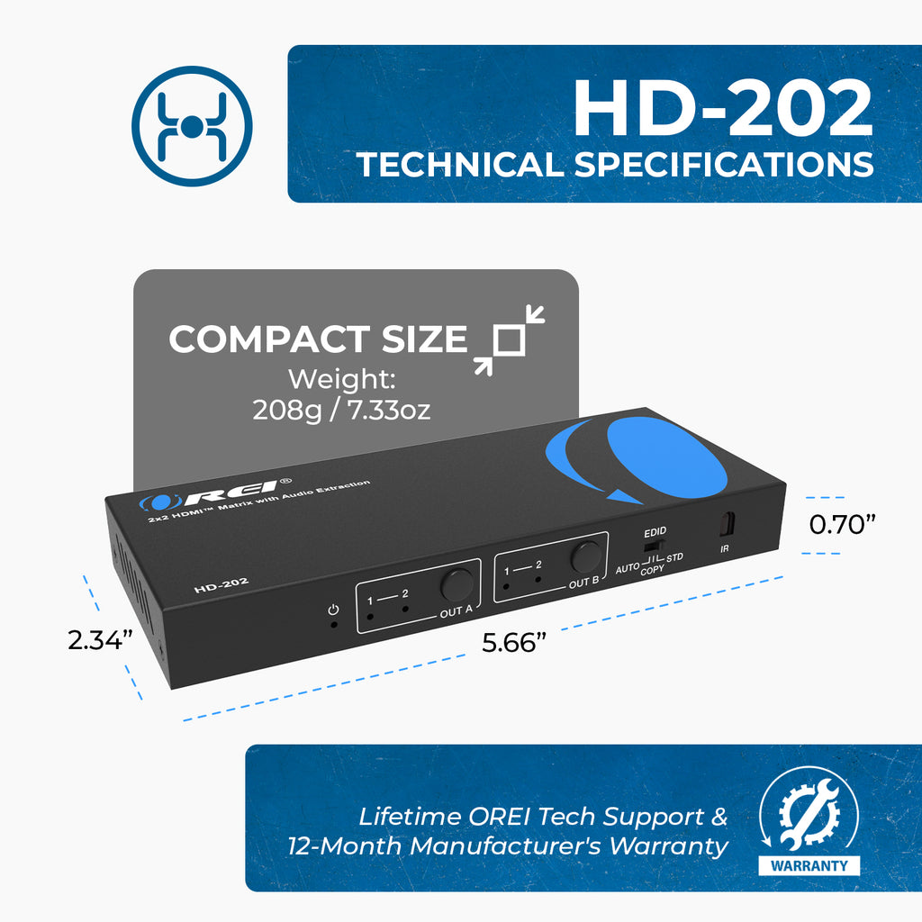 OREI 4K@30Hz 2x2 HDMI Matrix Switch with Audio Extractor (HD-202)