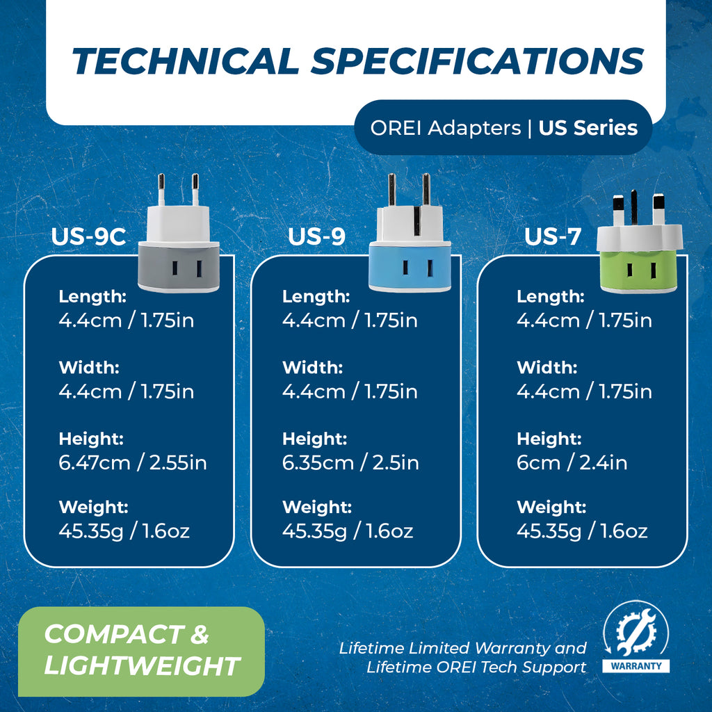 OREI 3 Pack European Travel Adapter Set-Safe, Grounded, Compact for Travel (US-EURO-SET)