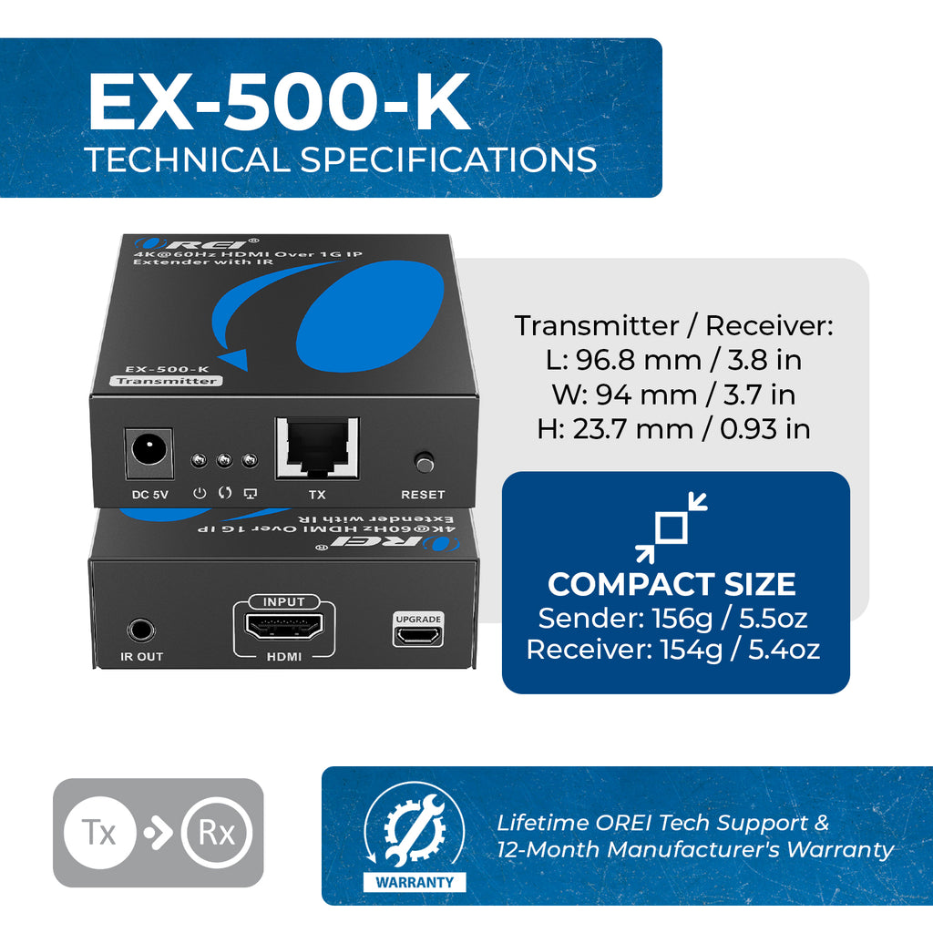 4K@60hz  HDMI™ Extender (Over 1G IP, IR) - 500ft (Cat6) (EX-500-K)