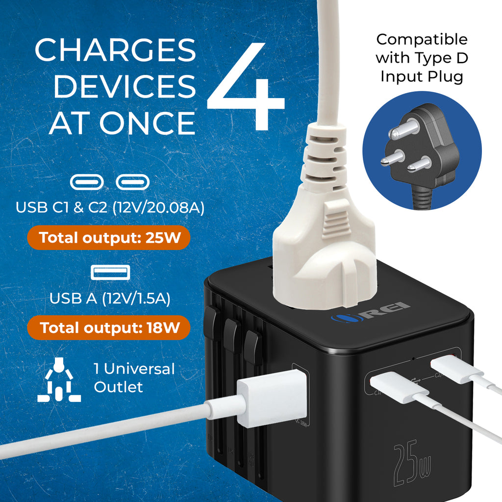 OREI 25W Universal Travel Adapter | 4-in-1 Fast Charger for 150+ Countries | USB-C & USB-A