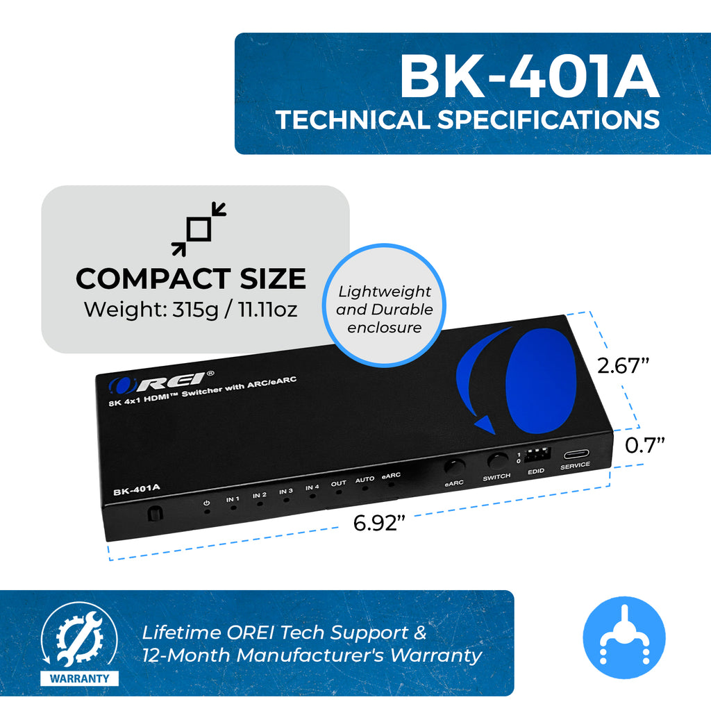 8K HDMI Switcher With ARC/eARC Audio Extraction (BK-401ARC)