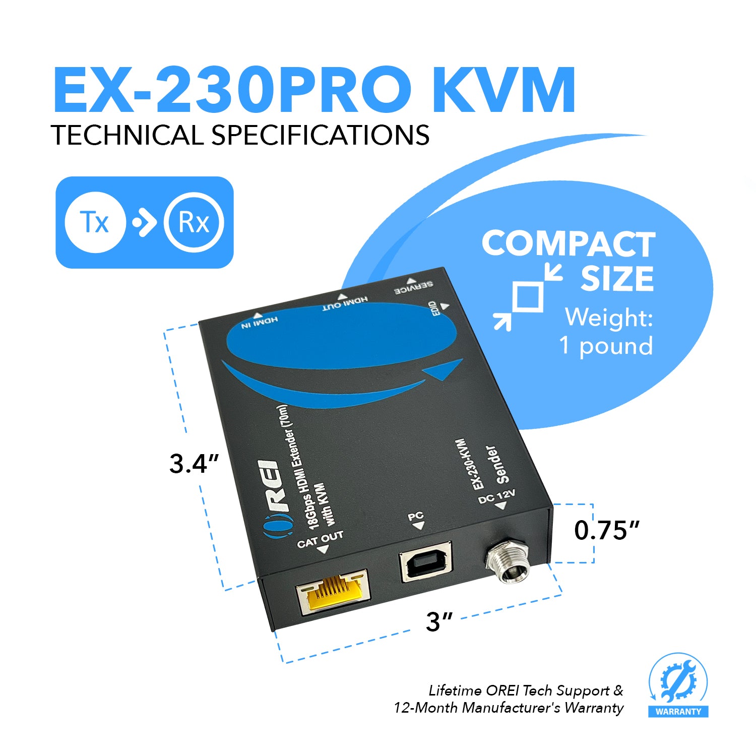 4K HDMI Extender Over CAT6/7 with KVM & HDMI Loop-out 4K@30Hz Up to 130 Ft  (EX-230PRO-KVM)