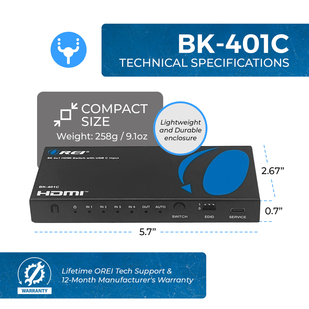 8K 4x1 HDMI Switch with USB C Input (BK-401C)