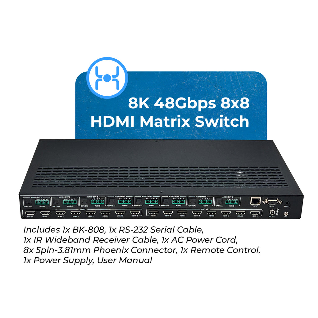 8K 8x8 HDMI Matrix Switch With Audio Extraction, HDR, Downscaling, RS-232 & EDID (BK-808)