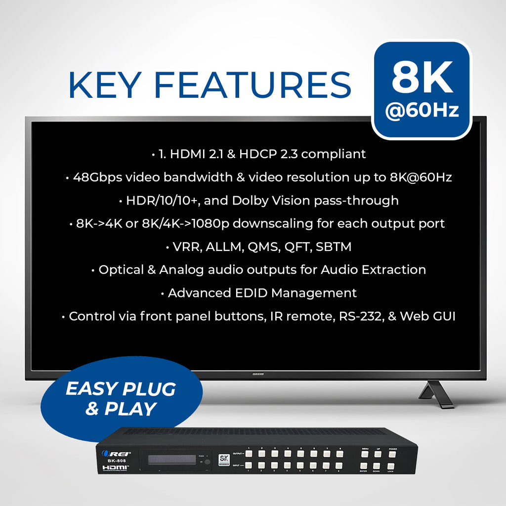 8K 8x8 HDMI Matrix Switch With Audio Extraction, HDR, Downscaling, RS-232 & EDID (BK-808)