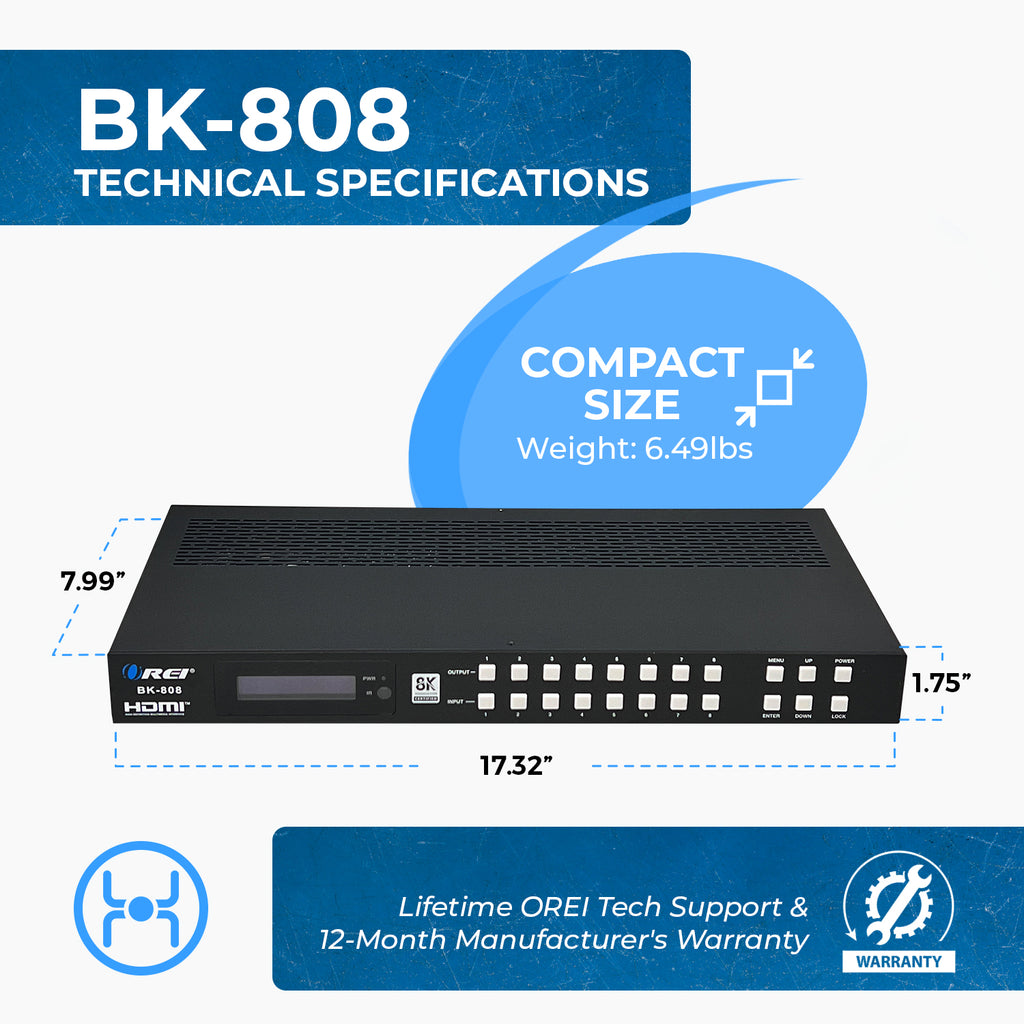 8K 8x8 HDMI Matrix Switch With Audio Extraction, HDR, Downscaling, RS-232 & EDID (BK-808)