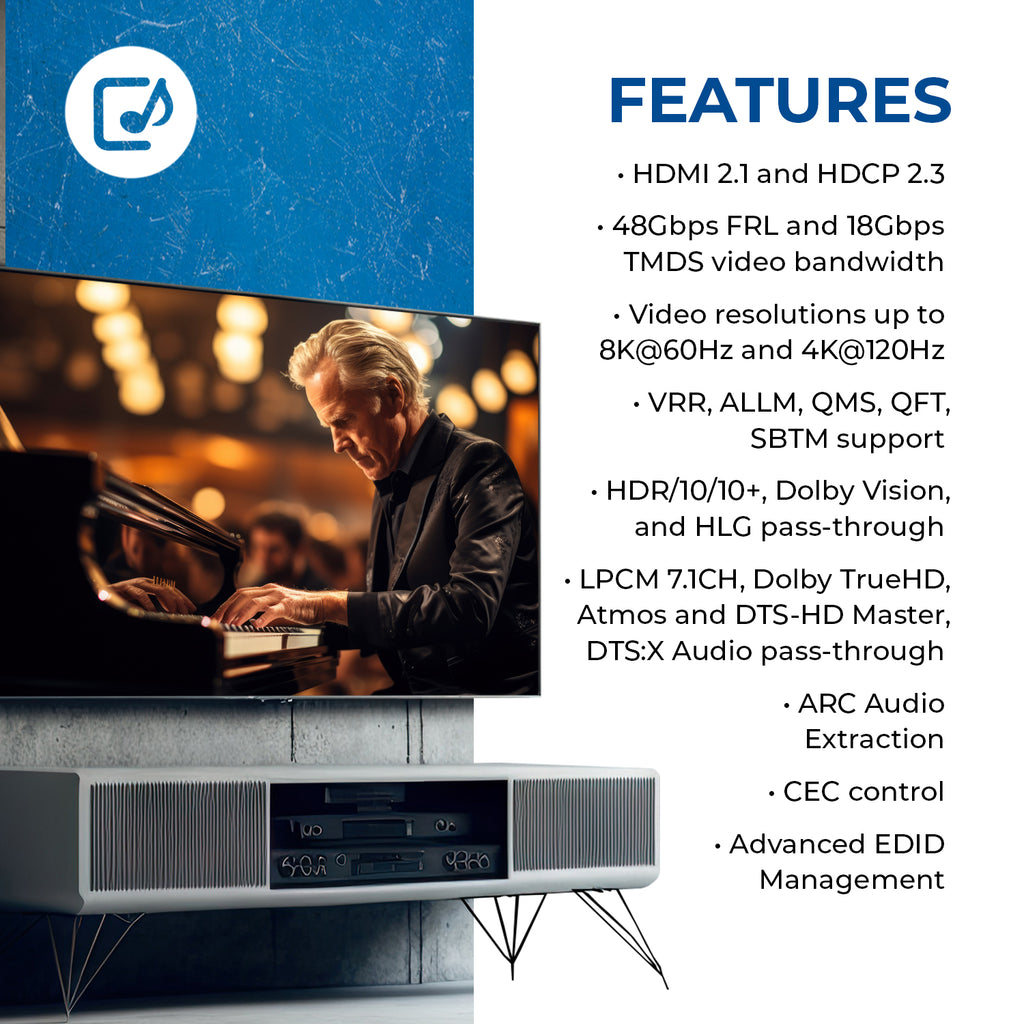 8K Dolby Atmos eARC Audio Extractor With CEC, Advanced EDID Management, and Resolutions up to 8K@30Hz or 4K@120Hz (BK-927)