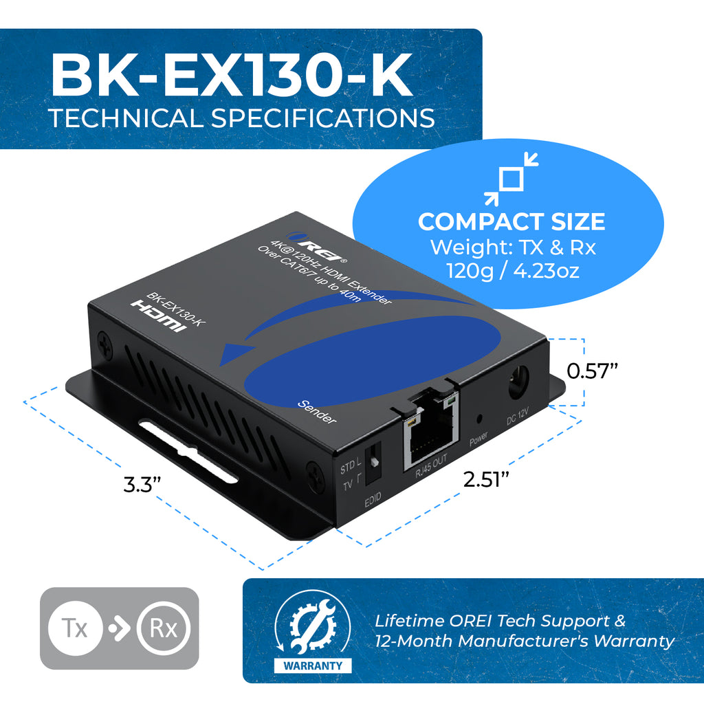 4K@120Hz HDMI Extender over CAT 6/7 up to 130 feet with EDID & Bi-Directional IR (BK-EX130-K)