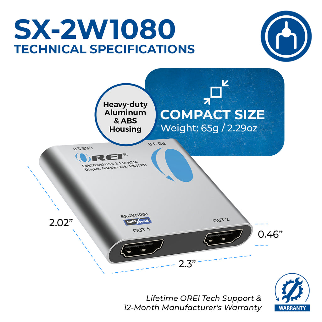 SplitXtend USB 3.1 to HDMI Display Adapter with 100W PD (SX-2W1080)