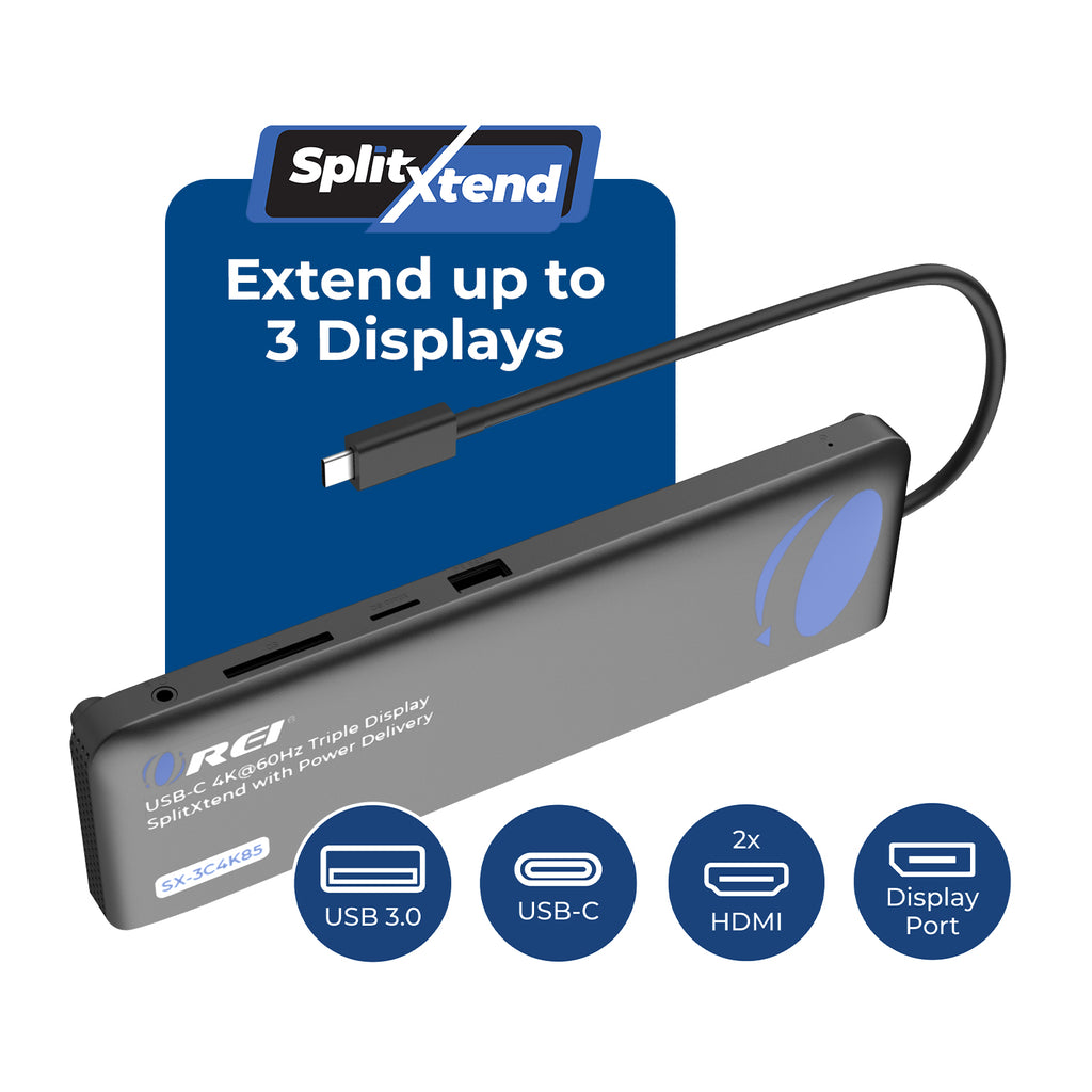 OREI SplitXtend Docking Hub with USB-C input, USB-A, Ethernet, DP, Power delivery up to 85 Watt and up to 3 Extended Displays (SX-3C4K85)