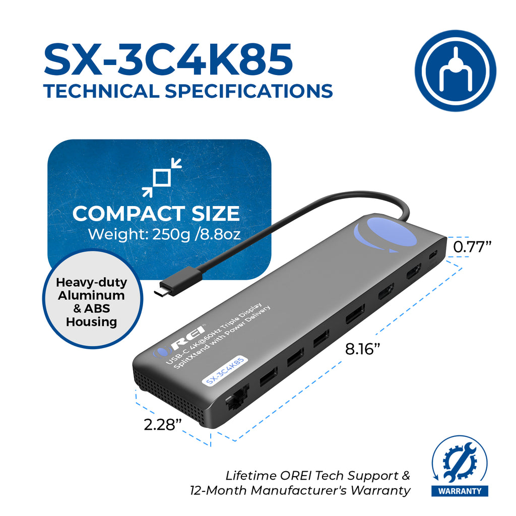 OREI SplitXtend Docking Hub with USB-C input, USB-A, Ethernet, DP, Power delivery up to 85 Watt and up to 3 Extended Displays (SX-3C4K85)