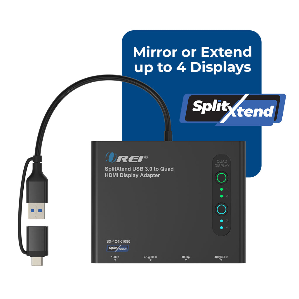 OREI SplitExtend HDMI Splitter Extended Display for Quad Monitor - Multi-Monitor Display 5 Separate Screens - USB-C Adapter to HDMI 2.0, 4K@30Hz Outputs - Windows and Mac Compatible (SX-4C4K1080)