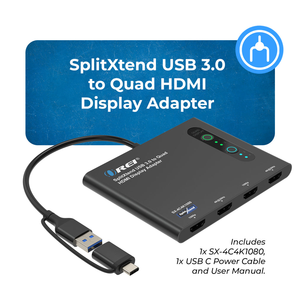 OREI SplitExtend HDMI Splitter Extended Display for Quad Monitor - Multi-Monitor Display 5 Separate Screens - USB-C Adapter to HDMI 2.0, 4K@30Hz Outputs - Windows and Mac Compatible (SX-4C4K1080)