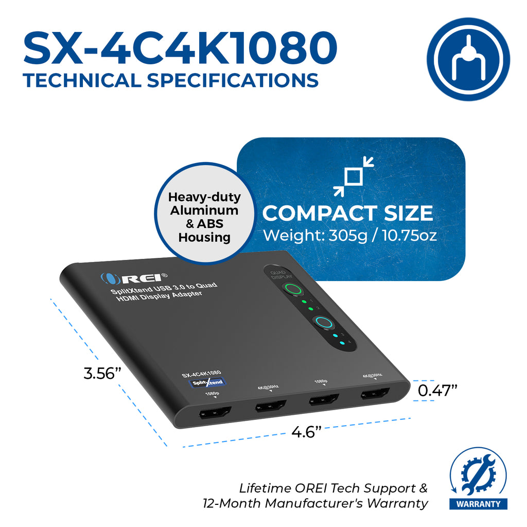 OREI SplitExtend HDMI Splitter Extended Display for Quad Monitor - Multi-Monitor Display 5 Separate Screens - USB-C Adapter to HDMI 2.0, 4K@30Hz Outputs - Windows and Mac Compatible (SX-4C4K1080)