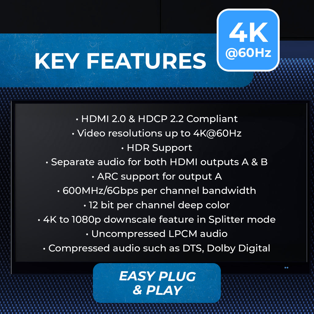 4K 4x2 HDMI Matrix Switch With ARC Audio Extraction, HDR & Downscaling (UHD-402D)