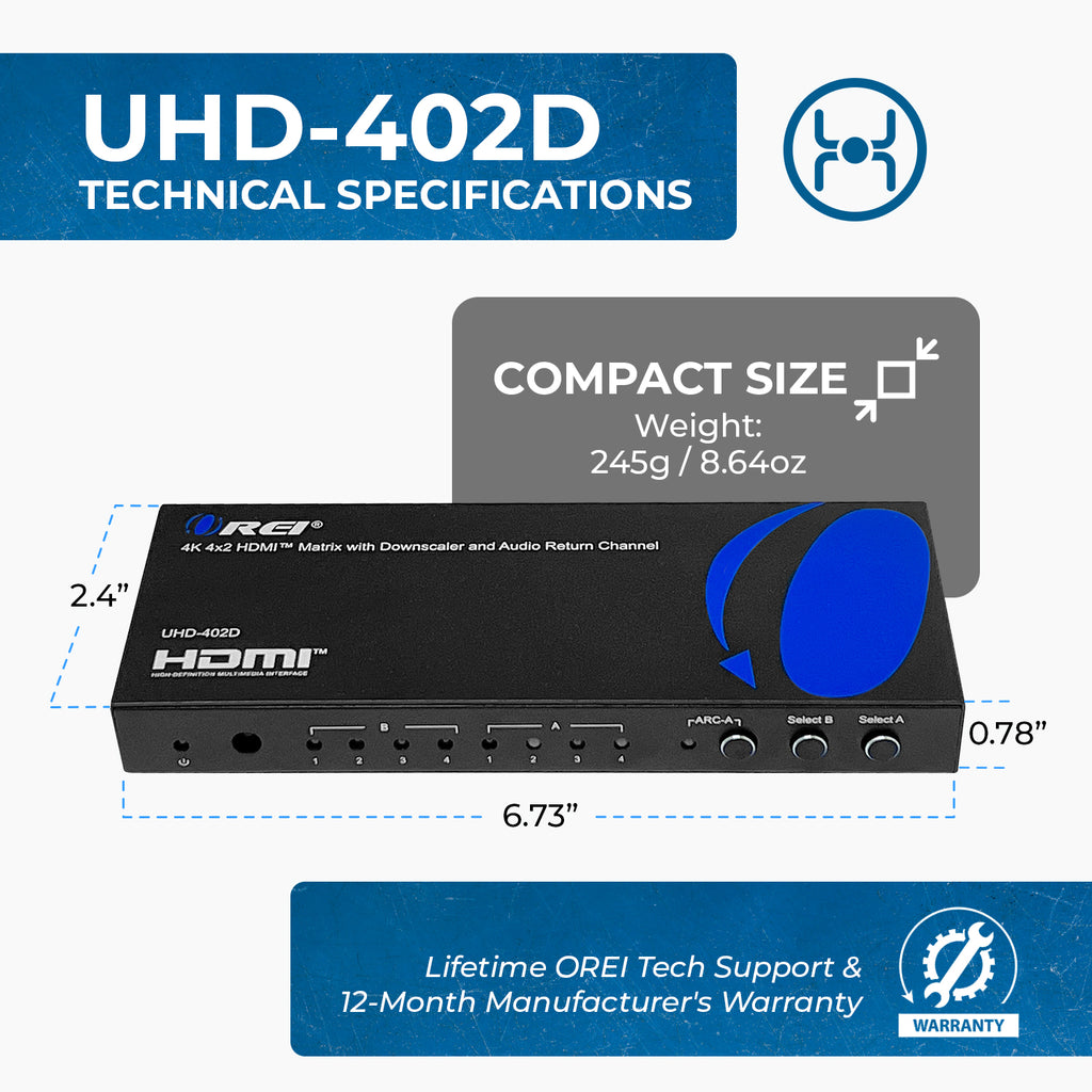 4K 4x2 HDMI Matrix Switch With ARC Audio Extraction, HDR & Downscaling (UHD-402D)