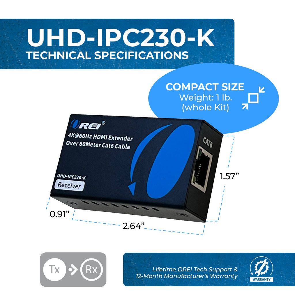 4K HDMI Extender Over CAT6/7 -230 ft - EDID & Power Over Cable  (UHD-IPC230-K)