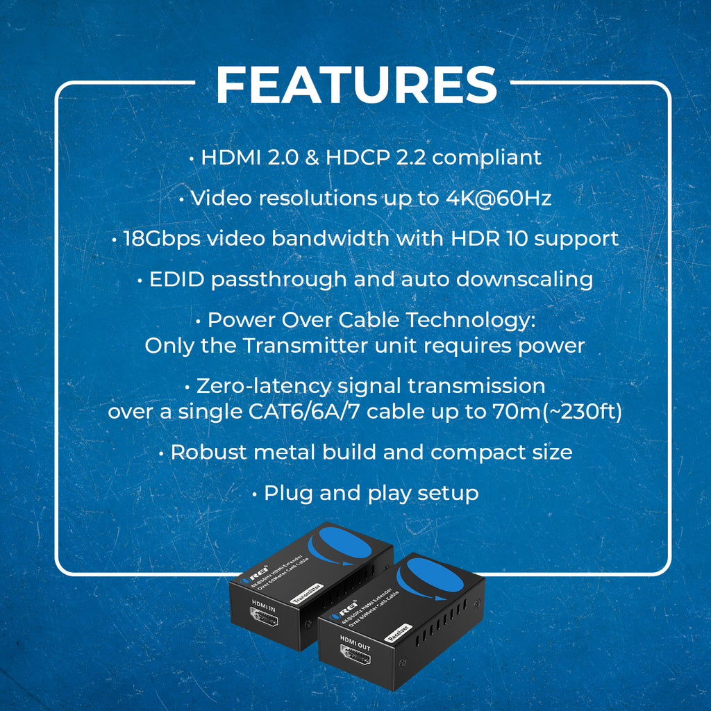 4K HDMI Extender Over CAT6/7 -230 ft - EDID & Power Over Cable  (UHD-IPC230-K)