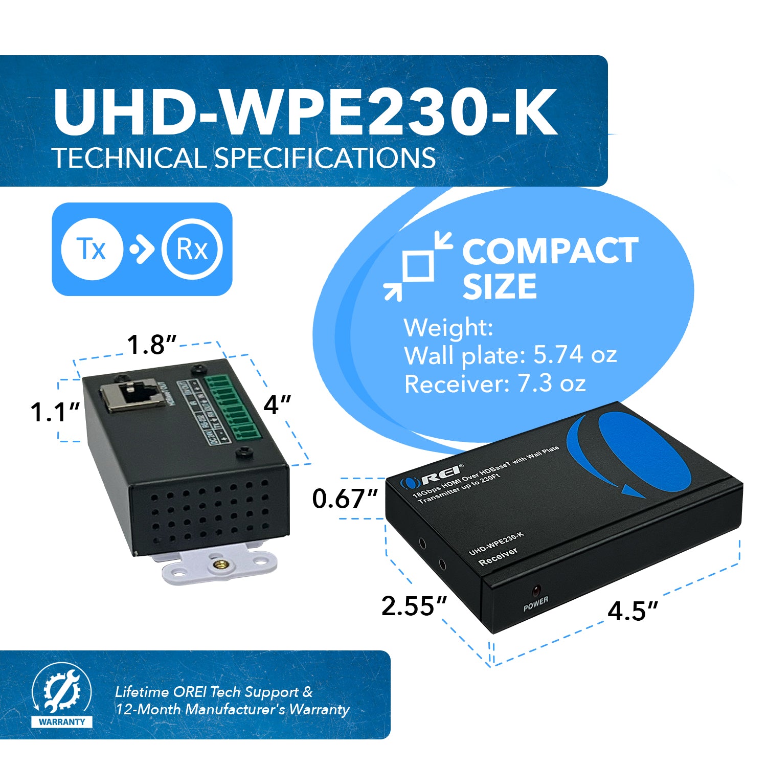 4K HDMI Extender Over Single CAT6/7 With 4K@60Hz Wall Plate Transmitter,  HDBaseT & Bidirectional IR Upto 230ft (UHD-WPE230-K)