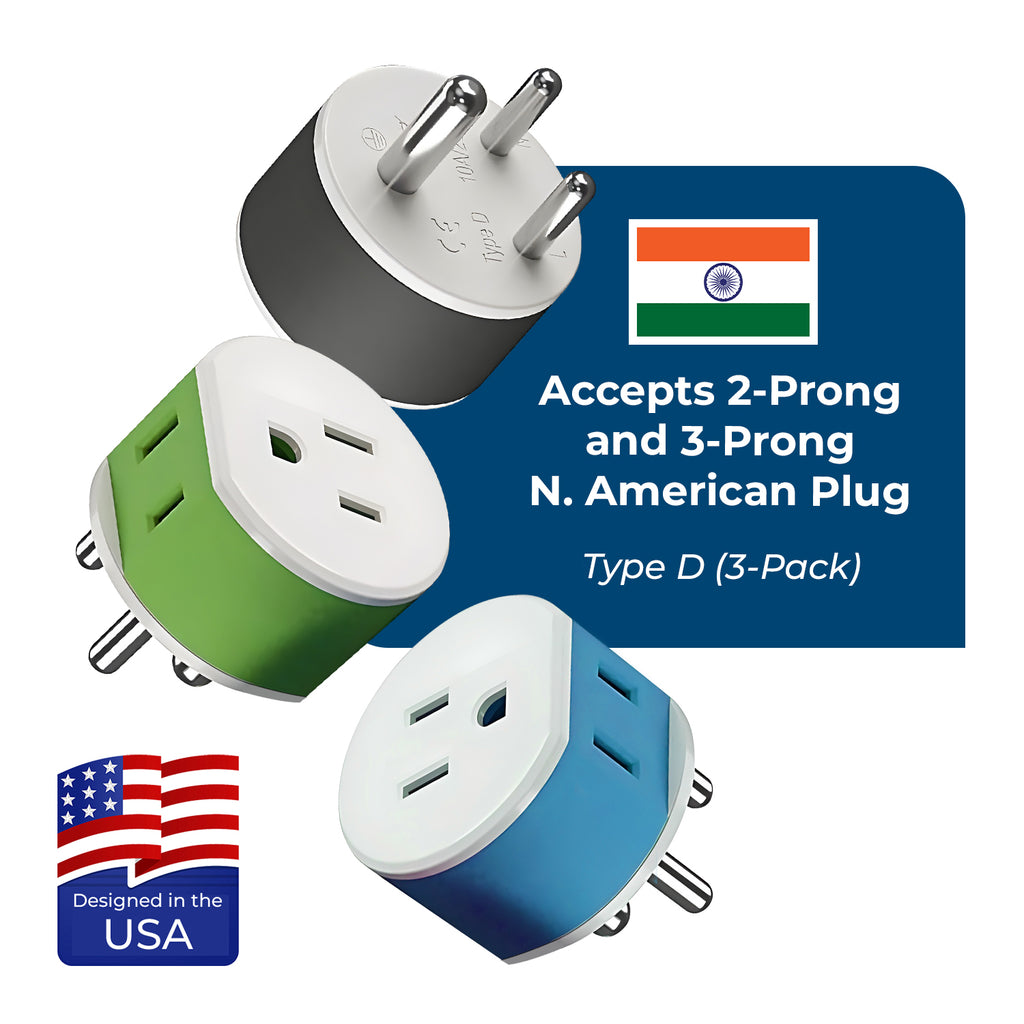 India, Nepal Travel Adapter - 2 in 1 - Type D - Compact Design (US-10)