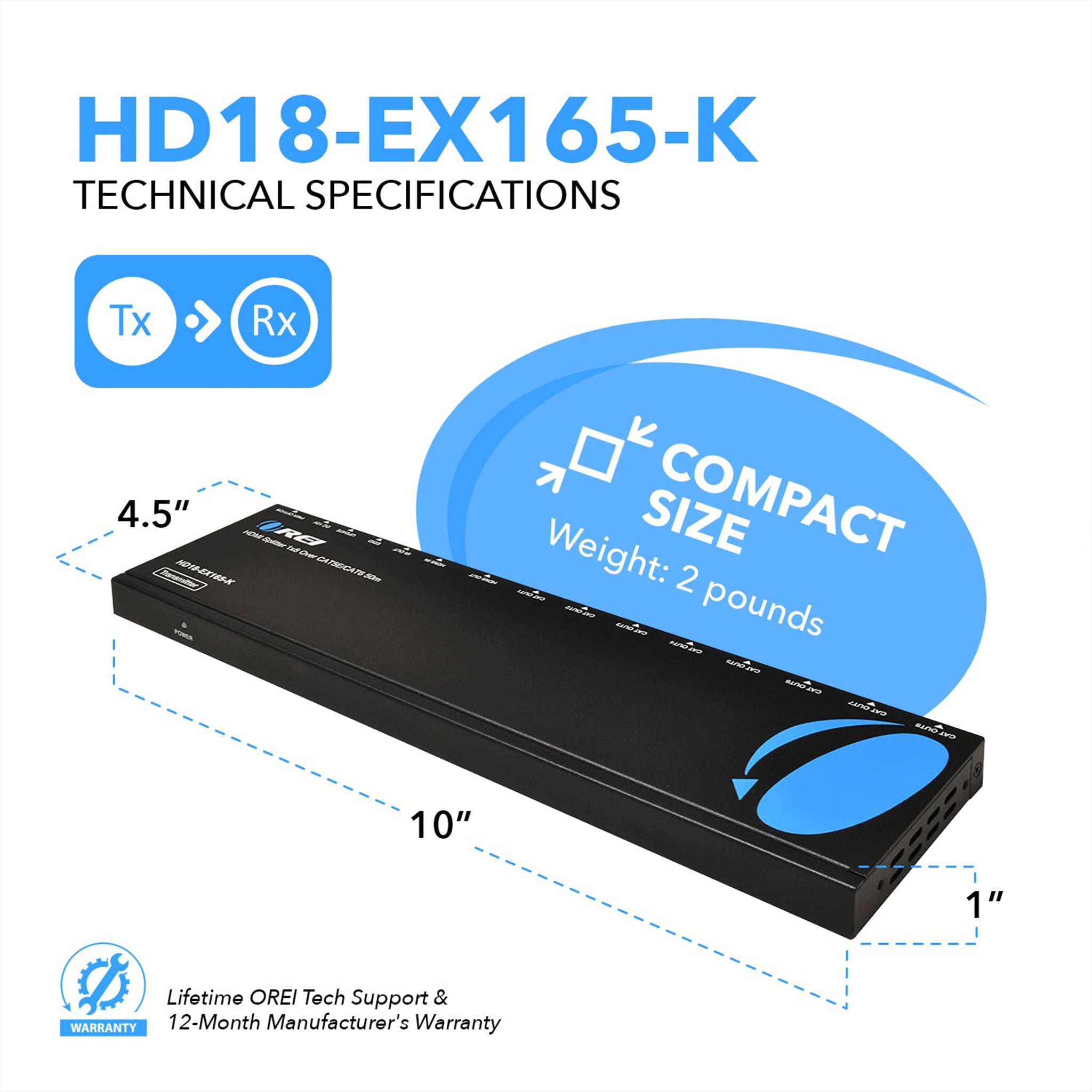 1x2 HDMI Extender Splitter Over CAT6/7 Up To 165 Ft- Loop-Out, IR Control &  EDID (HD12-EX165-K) 