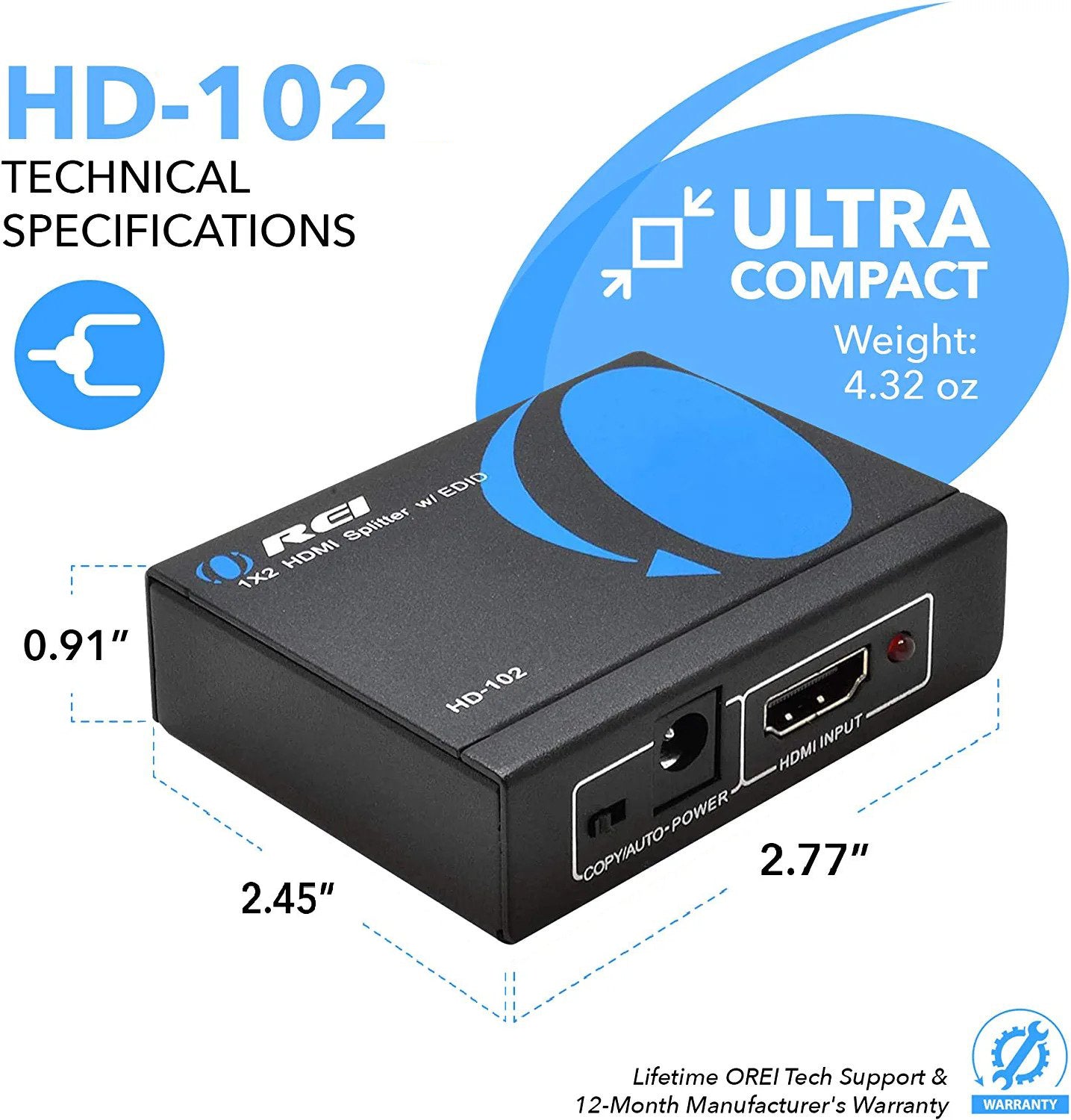 HDMI Splitter 1 IN 2 Out for Dual Mirror Monitors for 4K 30HZ Full