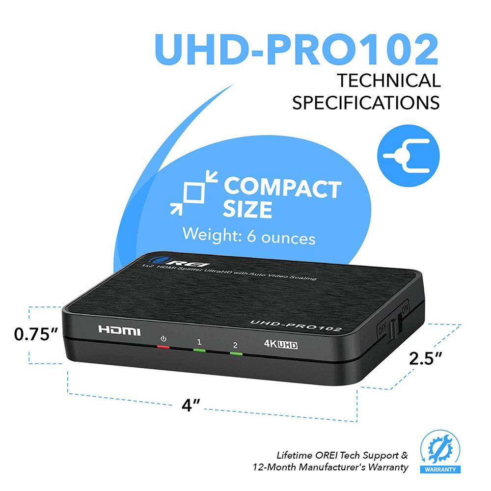 1x2 HDMI Splitter: 1-in 2-out, USB Powered, EDID, 3D Support (HD-102)