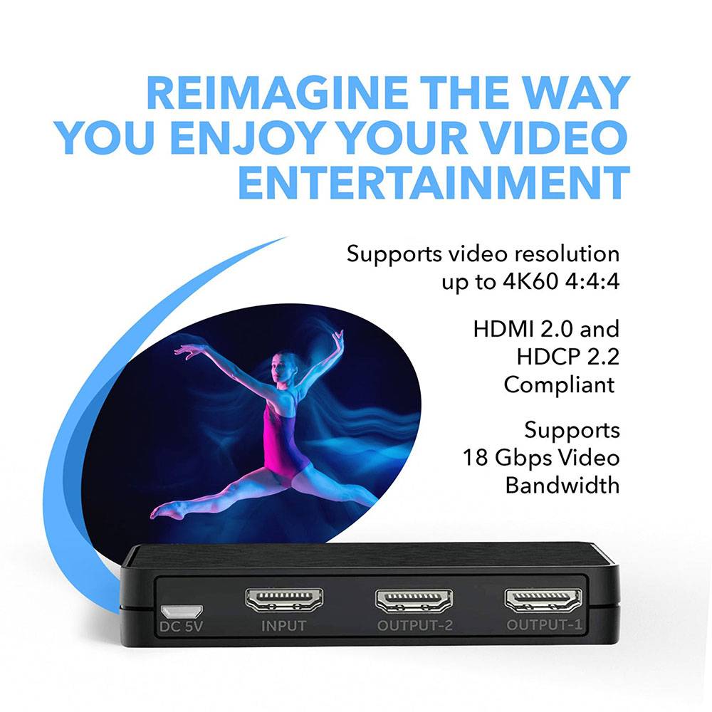 1x2 HDMI Full UHD 4K60 18Gb Distribution Amplifier Splitter (YUV:444)