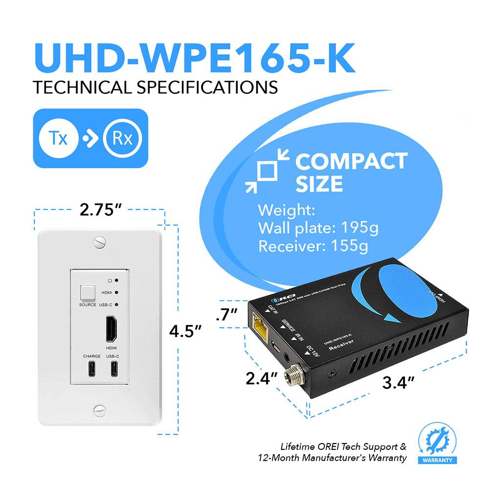4K HDMI Extender Over Cat6/7 Cable upto 165 ft - IR & Loop-out  (UHD-EX165H-K)